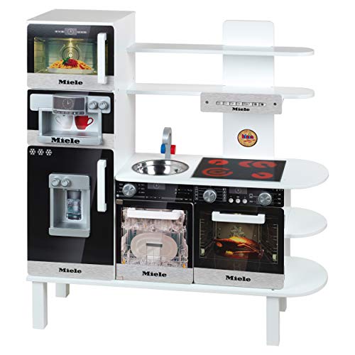 Theo Klein 9459 Cocina de juguete de madera grande Miele, Cocina de madera blanca que incluye hornillo, lavavajillas y cafetera expreso, Con fregadero extraíble, Medidas: 87 cm x 32 cm x 93,5 cm,
