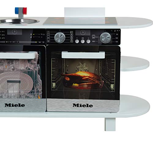 Theo Klein 9459 Cocina de juguete de madera grande Miele, Cocina de madera blanca que incluye hornillo, lavavajillas y cafetera expreso, Con fregadero extraíble, Medidas: 87 cm x 32 cm x 93,5 cm,