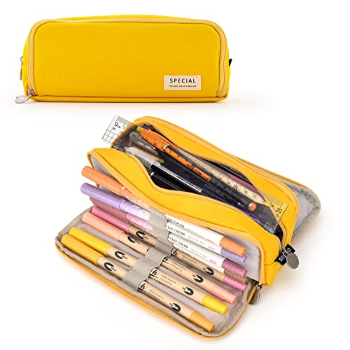 TOYESS Estuche Escolar con 3 Compartimentos, Estuche Escolar Grande Capacidad, Estuche Multifuncional con Cremallera para Niña, Niños, Adolescentes, Estudiantes（Amarillo）