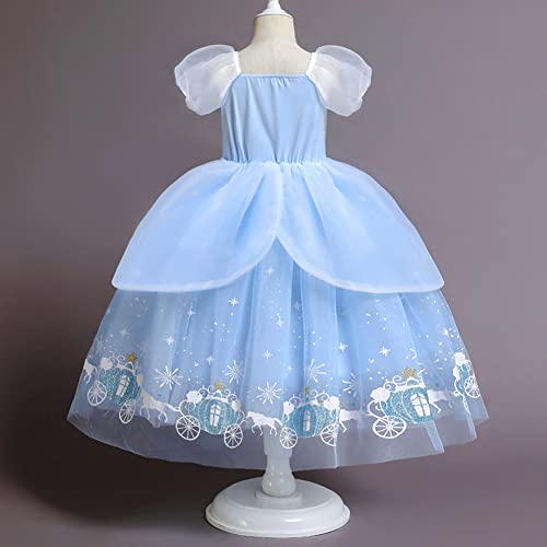 Trajes de Princesa Cenicienta para Niñas Infantil Cinderella Disfraz Manga Corta Tutu Vestido Largo de Tul con Accesorios para Carnaval Cosplay Halloween Navidad Fiesta de Cumpleaños Azul Claro 5-6