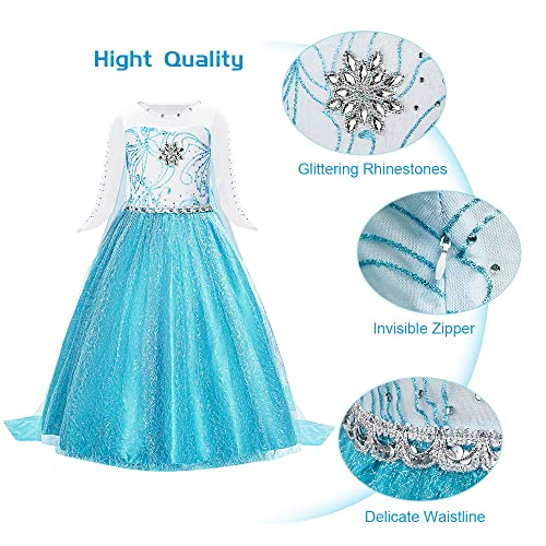 URAQT Vestido de Elsa, Disfraz de Princesa Elsa con Varita Corona Accesorios, Vestido de Cosplay de Niñas para Carnaval, Halloween y la Fiesta de Cumpleaños