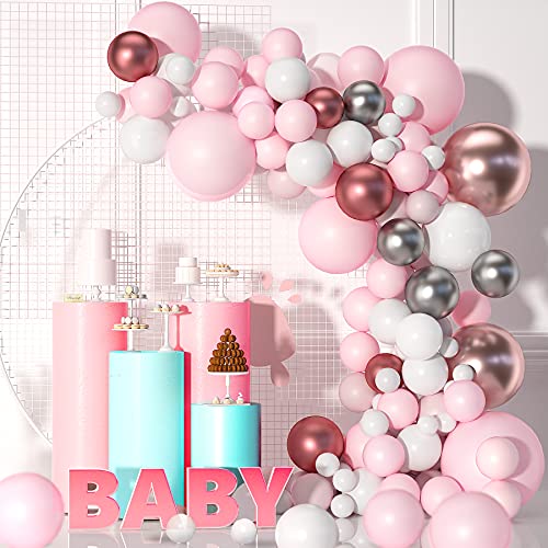 VAINECHAY Kit de Guirnalda de Globos Guirnalda de Arco de Látex Globos Confeti Blanco y Rosado Lleno Paquete de Globos para Decoración de Boda Cumpleaños Fiesta