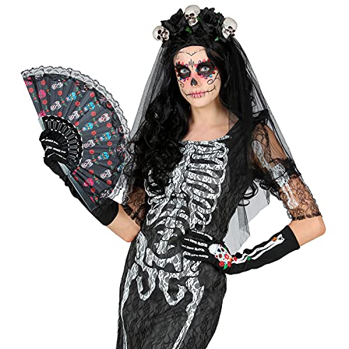 WIDMANN Guantes 34279 Dia de los Muertos, Longitud Aprox. 40 cm, Carnaval, Fiesta temática, Multicolor, Talla única Unisex Adulto