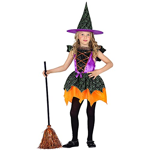 WIDMANN Widmann-97350 Infantil de Bruja de 2 Piezas, Vestido y Sombrero, Multicolor, Cuentos de Hadas, Disfraz, Fiesta temática, Carnaval, Halloween, 104 cm (97350)