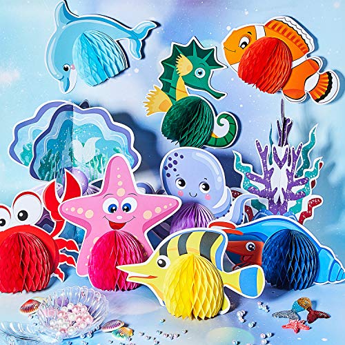WILLBOND 12 Piezas Centro de Mesa de Panal de Criatura Marina Decoración de Mesa de Panal con Tema Oceánica Panal de Sirena Pescado para Cumpleaños Baby Shower Suministros para Fiesta