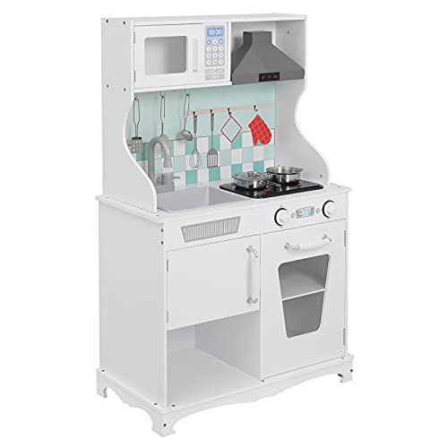 WOLTU Cocina Juguete Infantil de Madera, Cocinita con Accesorios y Utencilios, Mini Cocina Juegos de rol Infantiles con Luz y Sonidos para Niños, Blanco KKE005