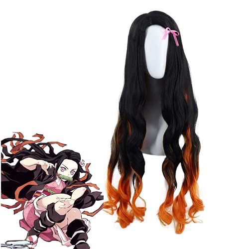 Wxypreey Anime Demon Slayer Kamado Nezuko Cosplay pelucas largo y rizado degradado negro naranja pelo sintético fiesta disfraz peluca + gorro de peluca