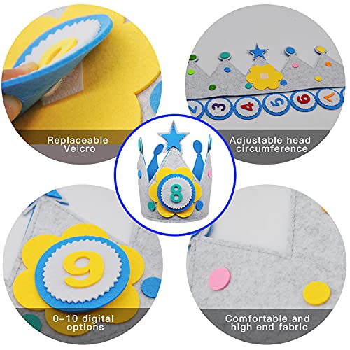 YMIFEEY Corona Cumpleaños Corona Fiestas Niño Niña Corona de Cumpleaños Infantil Corona de Tela Fieltro Corona de Cumpleaños para Niños y Niñas con Números Intercambiables del 0 al 9 (Azul)