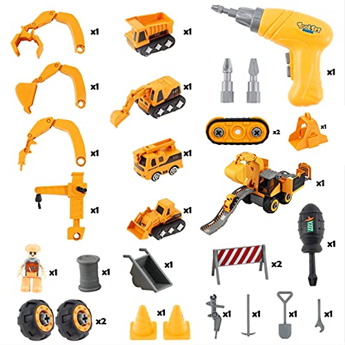 Yojoloin Take Apart Juguetes de construcción con Taladro eléctrico vehículos construcción 4 en 1 con 4 Mini Camiones y tobogán Tractor excavador Bricolaje Juguetes educativos Regalo para niños niñas