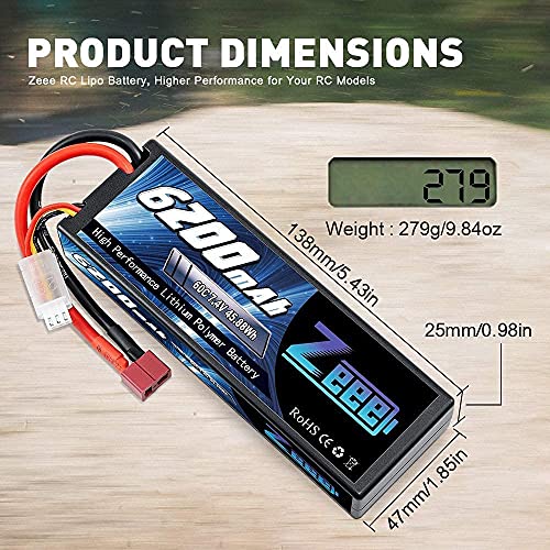 Zeee 2S LiPo batería 7.4V 60C 6200mAh batería de Estuche rígido con Conector Deans T para Coches RC, Aviones RC, helicópteros RC, Hobby RC