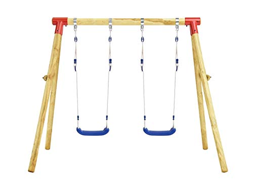 Zerone Estructura de Columpio Infantil, Columpio Doble de Madera de Pino, con Cuerdas Ajustables, 230 x 130 x 166 cm, marrón y Azul