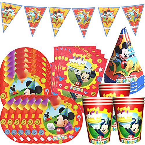 Mickey Mouse Party, Set de Fiesta de cumpleaños de Mickey, Cumpleaños Vajilla Set de Fiesta Kids Birthday Mickey, Plato, Servilleta de Papel Sirve para 8 Invitados
