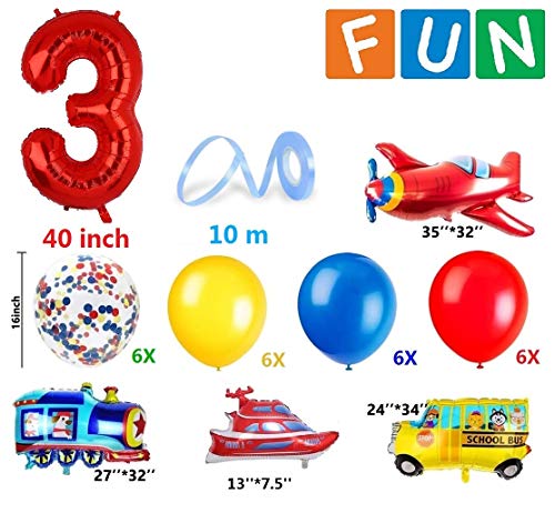 3 Años Decoración de Cumpleaños Número Rojo 3 (40 Pulgadas) Tema de Tráfico Decoración de Fiesta de Cumpleaños Globos de Confeti Látex para Niños Avión Tren Autobús Yate