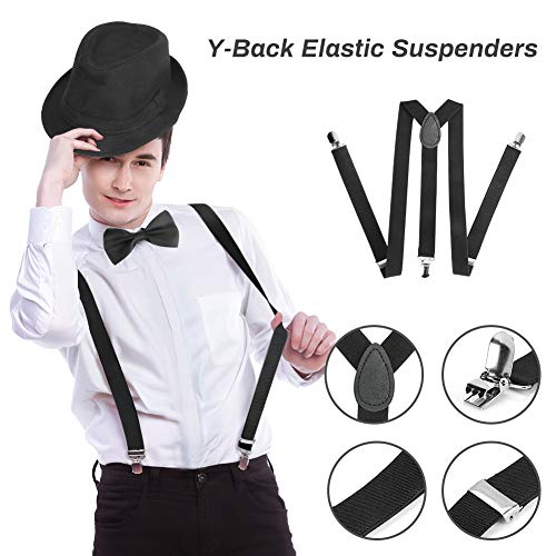 Achort Accesorios de Vestir para Hombre de los años 20, Disfraz de Gatsby Gangster con Sombrero de Trilby, Bigote elástico en la Espalda en Y, Pajarita, Reloj de Bolsillo Vintage y cigarro Artificial