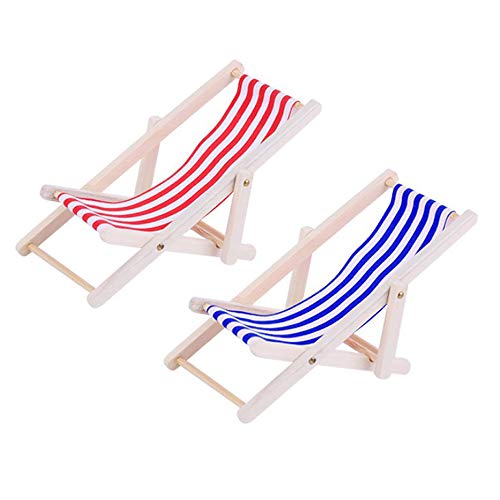 Amaoma Silla Playa Miniatura Tumbona Madera Silla Plegable Miniaturas Casa de Muñecas 1/12 Mini Sillas de Playa Juguetes Muebles Accesorios con Raya Roja/ Azul para Interior Exterior 2 Piezas