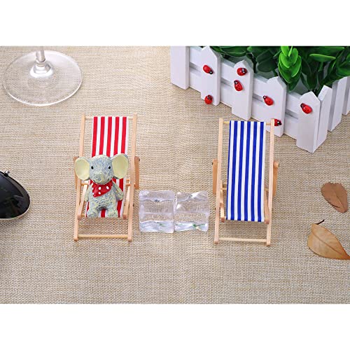 Bememo 2 Piezas 1:12 Silla de Playa de Madera Plegable de Miniatura Tumbona Mini Muebles Accesorios con Raya Roja/ Azul para Interior Exterior