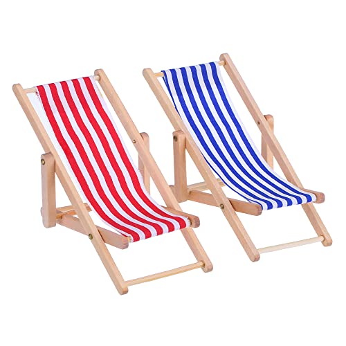 Bememo 2 Piezas 1:12 Silla de Playa de Madera Plegable de Miniatura Tumbona Mini Muebles Accesorios con Raya Roja/ Azul para Interior Exterior