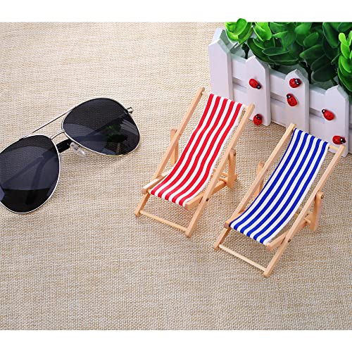 Bememo 2 Piezas 1:12 Silla de Playa de Madera Plegable de Miniatura Tumbona Mini Muebles Accesorios con Raya Roja/ Azul para Interior Exterior