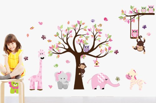 Bosque de monos de animal de la selva, la ardilla y el juego de columpio búho en hojas de colores Tree Vinilos decorativos etiqueta de la pared (L301)