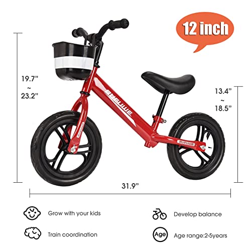 Bueuwe Bicicleta de Equilibrio Sin Pedales NiñO 2-6 AñOs,12 Pulgadas Bici para NiñOs,SillíN Ajustables,Ultraligera,Aprender A Mantener El Equilibrio Juguetes para NiñOs,hasta 30 Kg, D Red
