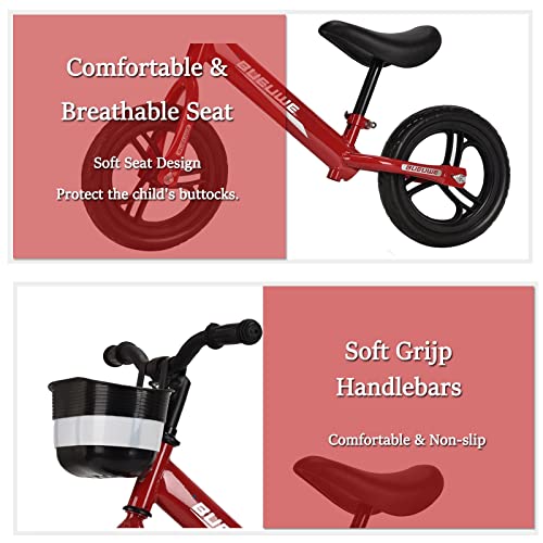 Bueuwe Bicicleta de Equilibrio Sin Pedales NiñO 2-6 AñOs,12 Pulgadas Bici para NiñOs,SillíN Ajustables,Ultraligera,Aprender A Mantener El Equilibrio Juguetes para NiñOs,hasta 30 Kg, D Red