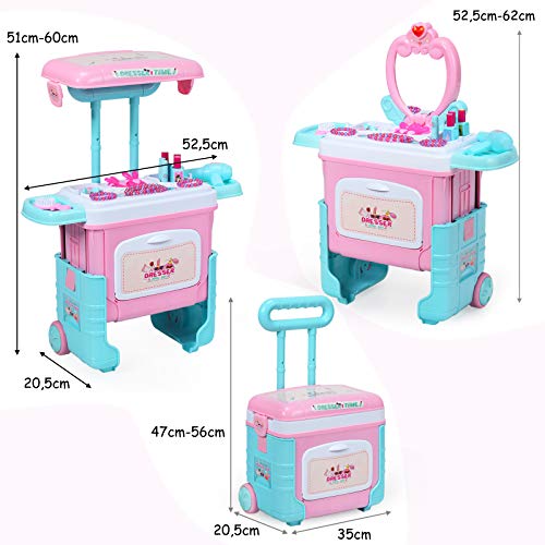 COSTWAY Conjunto Maletín Maquillaje para Niña Estuche Belleza Juguete de Maquillaje Maleta con Luces Efecto de Sonido y Ruedas Altura Ajustable Incluidos Accesorios
