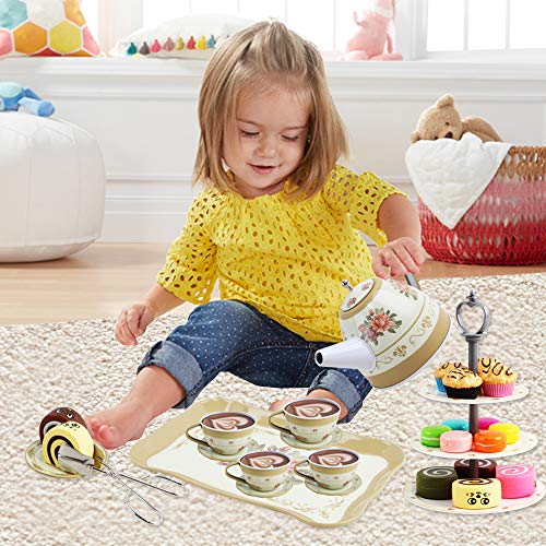 deAO Juego de Té y Repostería Conjunto Infantil de 39 Piezas Incluye Tetera, Platos, Tazas, Pasteles y Dulces de Imitación, Accesorios y Bandeja de 3 Niveles para Postres