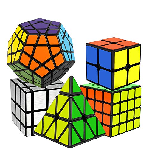 EASEHOME Speed Magic Puzzle Cube Megaminx + Pyraminx + Espejo + 2x2x2 + 4x4x4 in Giftbox, 5 Pack Rompecabezas Cubo Mágico PVC Pegatina para Niños y Adultos, Negro