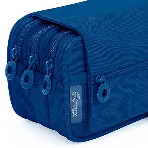 Estuche Portatodo Triple de Amplios Apartados Interiores con Cierre de Cremallera Individual (Azul Oscuro)
