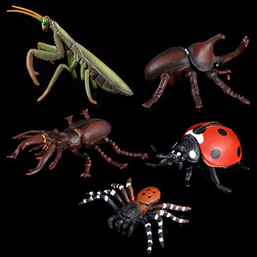 FLORMOON Figuras de animales realistas 5 piezas Modelo de acción de insectos Incluye Mantis Mariquita Unicornio Staghorn Araña Juguetes educativos de aprendizaje Set de regalo de cumpleaños para niños