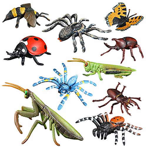 FLORMOON Figuras de animales realistas 5 piezas Modelo de acción de insectos Incluye Mantis Mariquita Unicornio Staghorn Araña Juguetes educativos de aprendizaje Set de regalo de cumpleaños para niños