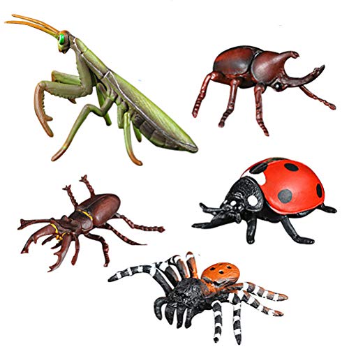 FLORMOON Figuras de animales realistas 5 piezas Modelo de acción de insectos Incluye Mantis Mariquita Unicornio Staghorn Araña Juguetes educativos de aprendizaje Set de regalo de cumpleaños para niños
