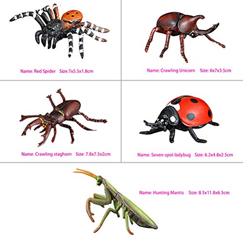 FLORMOON Figuras de animales realistas 5 piezas Modelo de acción de insectos Incluye Mantis Mariquita Unicornio Staghorn Araña Juguetes educativos de aprendizaje Set de regalo de cumpleaños para niños