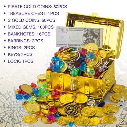 FORMIZON Monedas Doradas de Plástico de Pirata, Gemas Piratas del Tesoro Pirata, Plastico Monedas + Gemas Piratas para Búsqueda del Tesoro, Fiestas Temáticas Piratas
