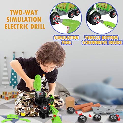 GILOBABY Juguete de montaje para coche, 2 en 1, vehículos de granja para niños, tractor, juguete con remolque, luz de sonido, regalo para niños a partir de 3, 4, 5, 6, 7, 8 años.
