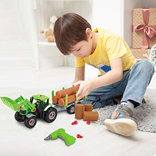 GILOBABY Juguete de montaje para coche, 2 en 1, vehículos de granja para niños, tractor, juguete con remolque, luz de sonido, regalo para niños a partir de 3, 4, 5, 6, 7, 8 años.