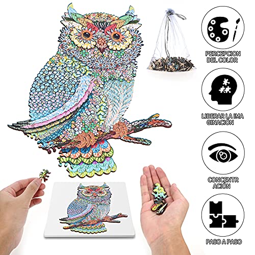 GOLDGE 132PCS Puzzle de Madera Puzzle de Búho, Puzzle de Colorido de Forma única Puzzle Animales para Adultos y Niños Colección de Juegos Familiares