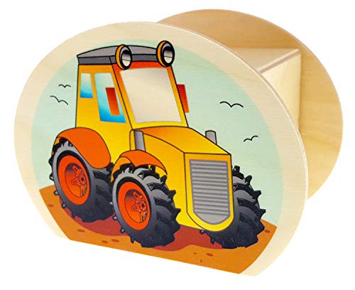 Hess Holzspielzeug 15227 - Hucha de Madera con Llave, Tractor, Regalo de cumpleaños para niños, Aprox. 11,5 x 8,5 x 6,5 cm, Multicolor