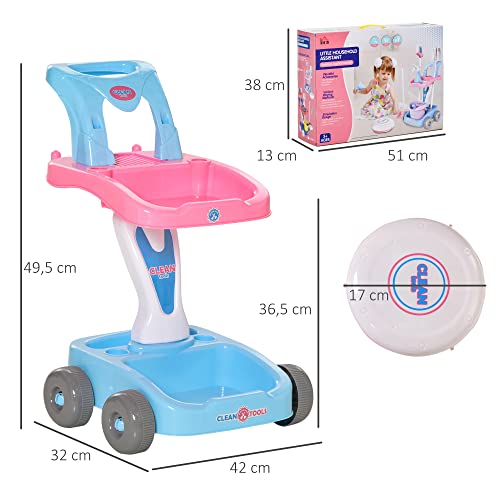 HOMCOM Carrito de Limpieza para Niños de +3 Años con Robot Aspirador Eléctrico con Luz y Sonido Escobas Fregona Cubo 23 Accesorios Incluidos 42x32x49,5 cm Rosa y Azul