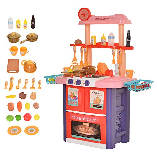 HOMCOM Cocinita de Juguete para Niños de +3 Años Cocina Infantil Juego de rol Incluye 51 Piezas Utensilios con Efectos de Luz y Música 71,5x35x85,5 cm Multicolor