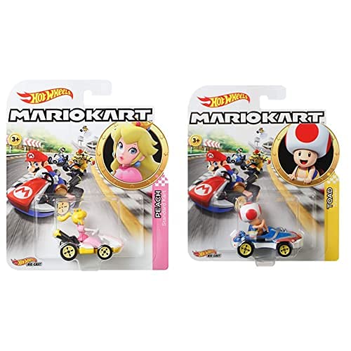 Hot Wheels Mario Kart Peach, Vehiculos, Coche De Juguete (Mattel Gbg28) , Color/Modelo Surtido + Mario Kart, Vehiculos, Toad, Coche De Juguete (Mattel Gbg30) , Color/Modelo Surtido