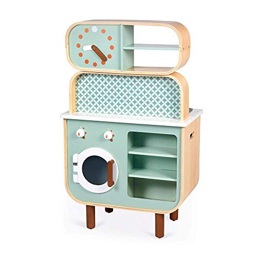 Janod - Cocina de doble cara- Cocina de madera para niños Recto-Verso - Cocina con luz y sonido - Con 7 accesorios - De 3 a 8 años, J06594