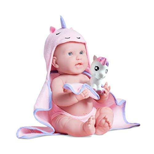 JC Toys, Muñeca La Newborn con Cuerpo de Goma. Toalla con Capucha. con Unicornio Mascota. NIÑA.