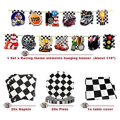 Juego de 97 piezas de suministros de fiesta de cumpleaños para coche de carreras y rallye para decoración de fiesta de cumpleaños para niño incluido Banner Globos de mesa, tazas de servilletas