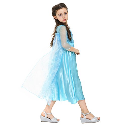 Katara - Disfraz de la princesa Elsa, vestido de la Reina del Hielo azul con copos de nieve en el tren - para niñas de 8-9 años