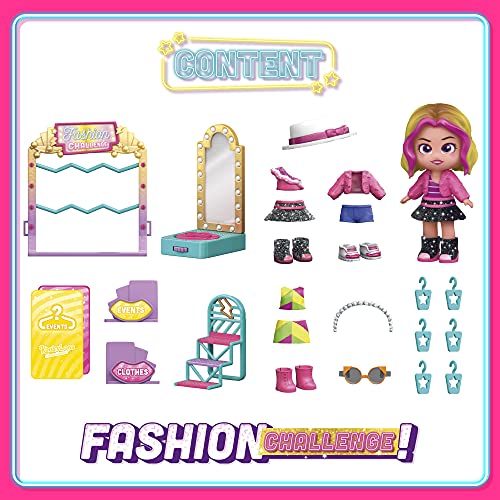 KOOKYLOOS Fashion Challenge – Vestidor con Espejo Giratorio con más de 15 Accesorios y muñeca Exclusiva + Muñeca Sorpresa Coleccionable con Accesorios de Moda, Zapatos