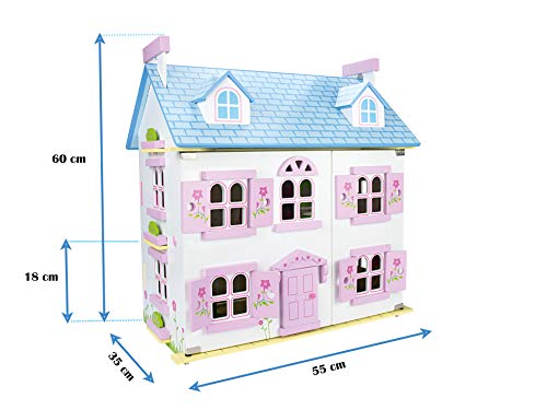 Leomark Dream House Casa de Muñecas de Madera con muñecas - Color Rosa - Villa (60 cm - altura), Equipo Completo, Excelente Calidad, Accesorios adicionales