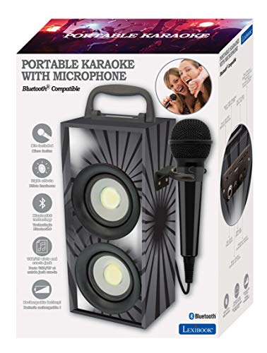 LEXIBOOK, c Altavoz portátil inalámbrico con Bluetooth, Luces Disco, micrófono, Toma Jack, USB, SD, batería Recargable, Color Negro BTP155BKZ