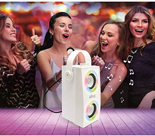 LEXIBOOK- iParty-Altavoz portátil Bluetooth micrófono, Efectos de luz, Karaoke, inalámbrico, USB, Tarjeta SD, batería Recargable, Blanco, Color
