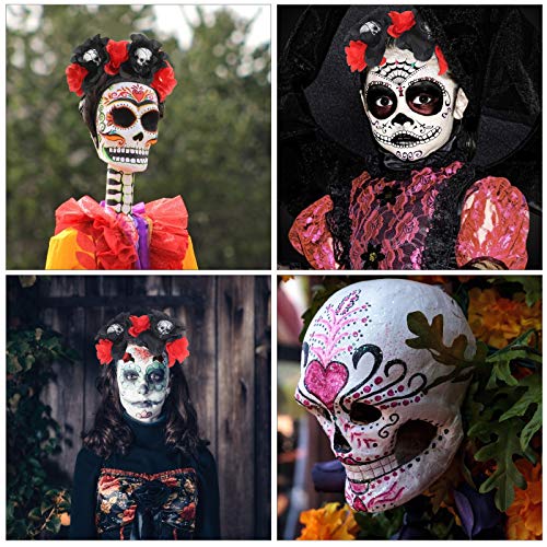 LOPOTIN 2pcs Tiaras de Flores Corona Diadema Roja Rosa Disfraz Mexicana El Día de Muertos 2pcs Tatuajes Cara Catrina para Novias Demonio de Carnival Halloween Fiestas México Mujeres Hombres Niños.